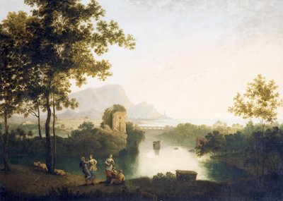 Aften ved River Mouth with Peasants Dancing (olie på lærred) af Richard Wilson