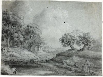 Landskab med kvinde og køer (sort kridt med stumpning, forhøjet med hvidt kridt, på blåt lagt papir) af Richard Wilson