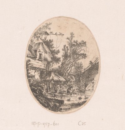Udsigt over en flod, hvor kvinder vasker tøj Samling af udsigter, landskaber, antikke fragmenter og historiske emner (serietitel) Recueil de griffonis, de vues, paysages, fragmenter antiques et sujets historiques (serietitel) af Richard de Saint Non