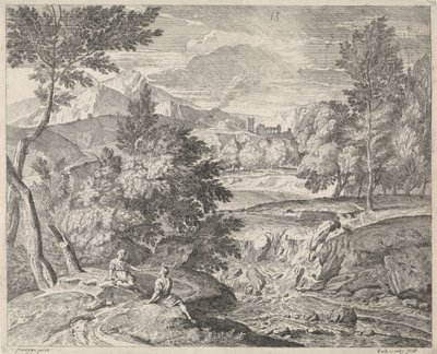 Arkadisk landskab med to figurer ved et vandfald af Richard van Orley (II)