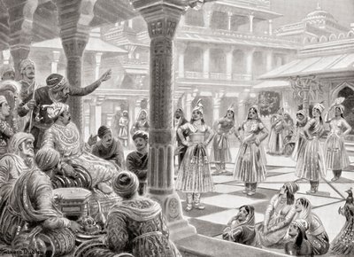 Akbar spiller pachisi eller chaupur med levende stykker i Fatehpur Sikri i 1575, fra Hutchinson