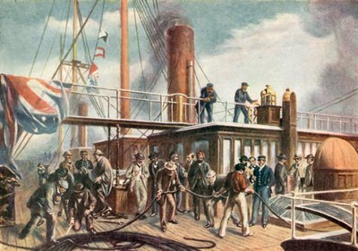 Great Eastern bjærger det tabte Atlanterhavskabel (farvelitografi) af Robert (after) Dudley