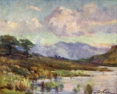 Snowdon fra Capel Curig Lake, sommeraften (farve litho) af Robert (after) Fowler