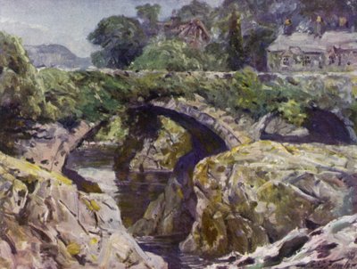 Den gamle bro, Bettws-y-Coed (farve litho) af Robert (after) Fowler