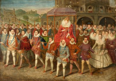 En procession af dronning Elizabeth I, ca. 1800-40 (olie på panel) af Robert (after) Peake