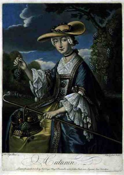 Efterår, indgraveret af C. Corbutt (Richard Purcell) (fl.1746-66), pub. af Robert Sayer, ca. 1760 (mezzotintgravering) (se også 125559-61) af Robert (after) Pyle
