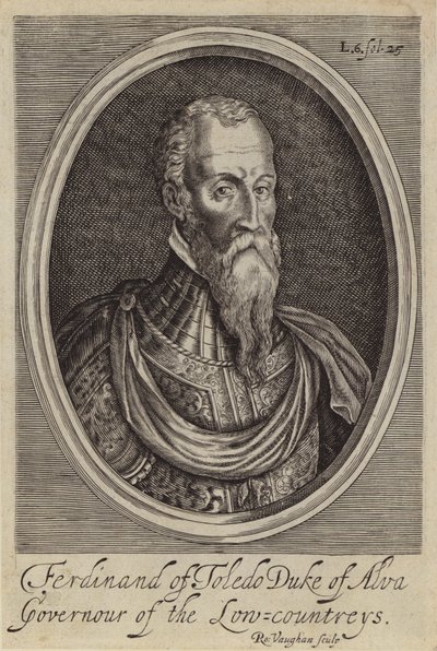 Fernando Alvarez de Toledo, 3. hertug af Alba, spansk general og guvernør i de spanske Nederlande (gravering) af Robert (after) Vaughan