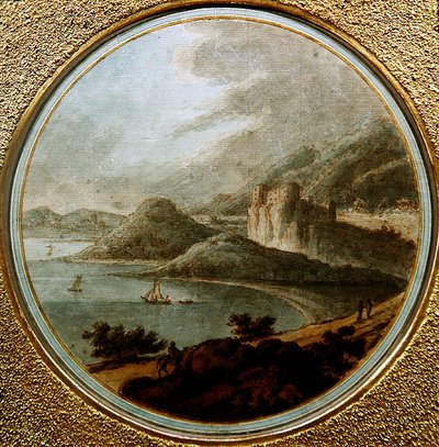 Slot over en havbugt med skibe, ca. 1775 (pen & blæk med akvarel på papir) af Robert (attr. to) Adam