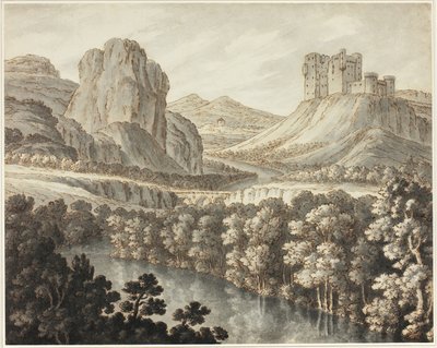 Et romantisk landskab med en slotsruin af Robert Adam