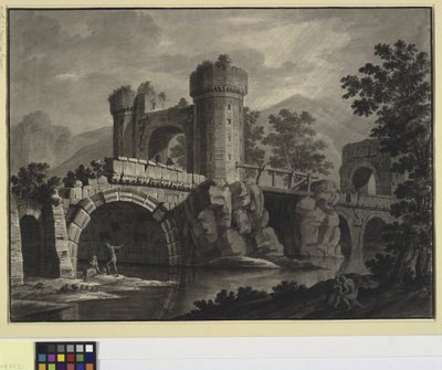 Arkitektonisk fantasi om en ødelagt bro i et landskab af Robert Adam