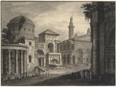 Arkitektonisk fantasi om en gammel by med et torv og mange bygninger, nogle delvist i ruiner af Robert Adam