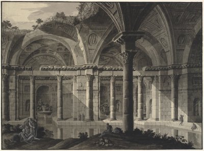 Arkitektonisk fantasi om et antikt bad med ødelagt tag og figurer af Robert Adam