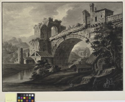 Arkitektonisk fantasi med en antik bro over en flod og en vandmølle i forgrunden af Robert Adam
