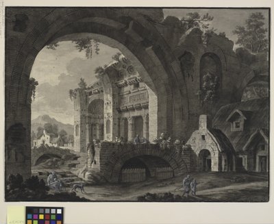 Arkitektonisk fantasi med ruiner af et antikt bad og hytter af Robert Adam