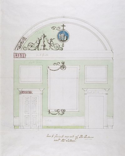 Design til endevæggen i spisestuen, Headfort House (pen og sort blæk over grafit med wc på lagt papir) af Robert Adam