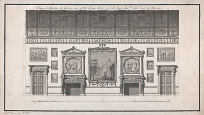 Headfort House, spisestue, skorstenssiden (pen og sort blæk og vask med blyant på papir) af Robert Adam