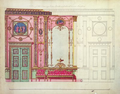 Sektion af tegnestuen, Northumberland House, London; Design til endevæg, (pen, blæk og wc) af Robert Adam