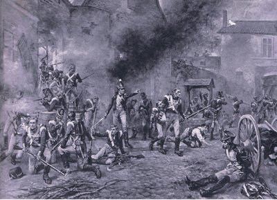 Forsvaret af Hougoumont 18. juni 1815, illustration fra britiske slag på land og hav, 1915 af Robert Alexander Hillingford