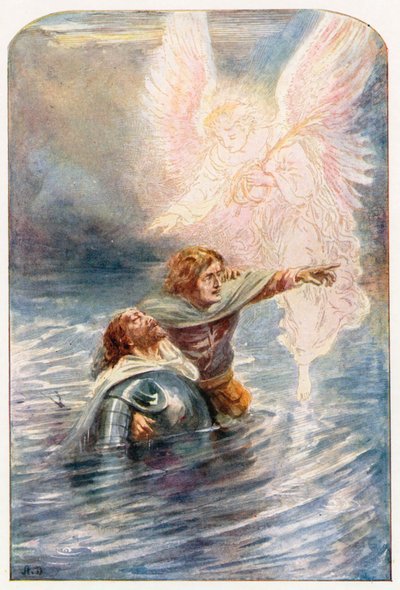 Christian og Hopeful krydser floden (farvelitografi) af Robert Ambrose (after) Dudley