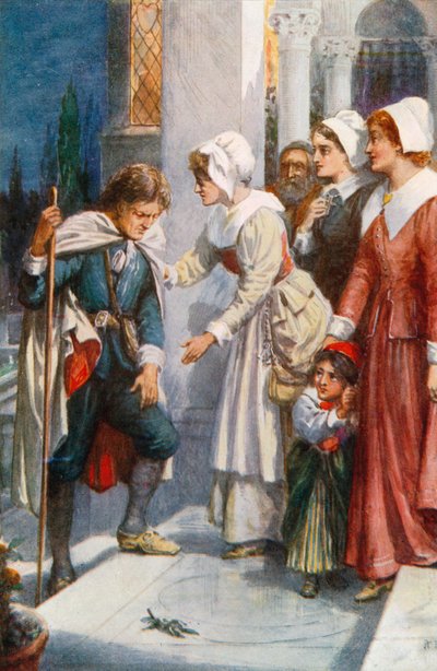 Christian bydes velkommen til Palace Beautiful (farvelitografi) af Robert Ambrose (after) Dudley