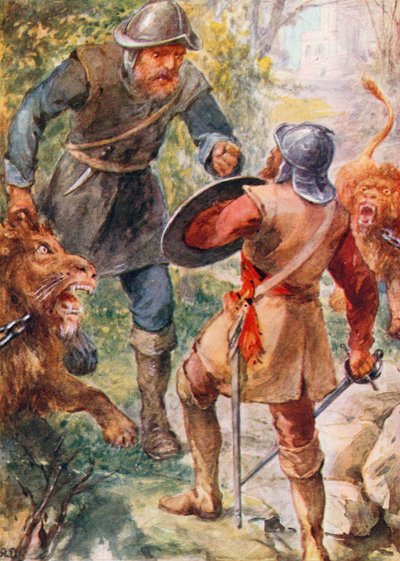 Greatheart angriber Giant Grim (farvelitografi) af Robert Ambrose (after) Dudley