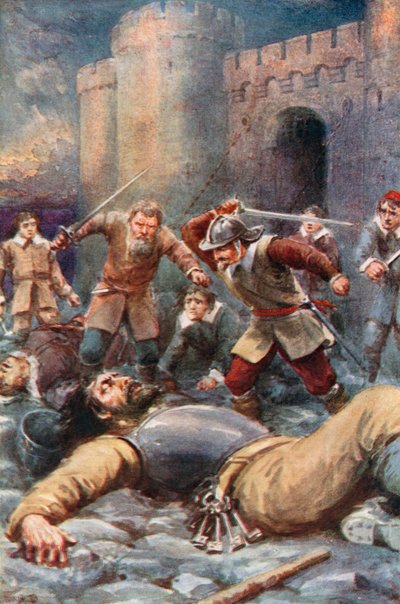 Pilgrimmene ødelægger Doubting Castle (farvelitografi) af Robert Ambrose (after) Dudley