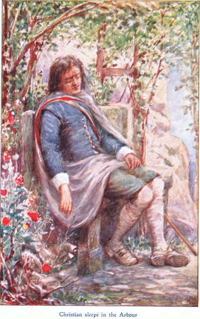 Christian sover i lysthuset, fra The Pilgrims Progress udgivet af John F Shaw & Co, ca. 1900