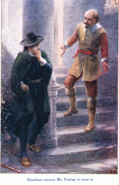 Great Heart beder Mr Fearing om at komme ind, fra The Pilgrims Progress udgivet af John F Shaw & Co, ca. 1900
