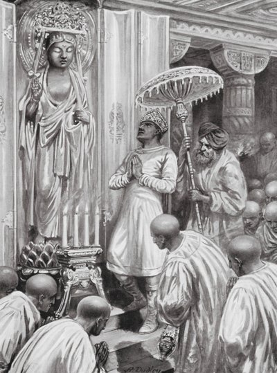 Kanishka indvier Mahayana (nordlig) buddhisme, 100 e.Kr. (litografi) af Robert Ambrose Dudley
