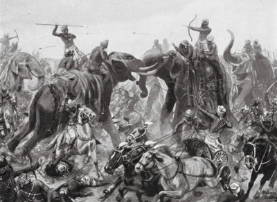 Pulikesin II Chalukhyas nederlag til Mahamalla Pallava ved Badami, AD 642 (litografi) af Robert Ambrose Dudley