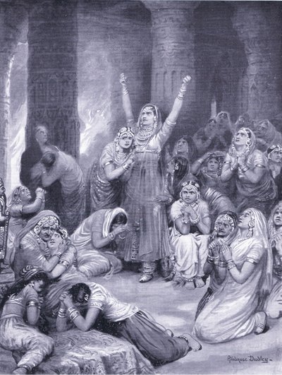 Rajput-ceremonien i Jakhur (holocaust) 1567 e.Kr. (litografi) af Robert Ambrose Dudley