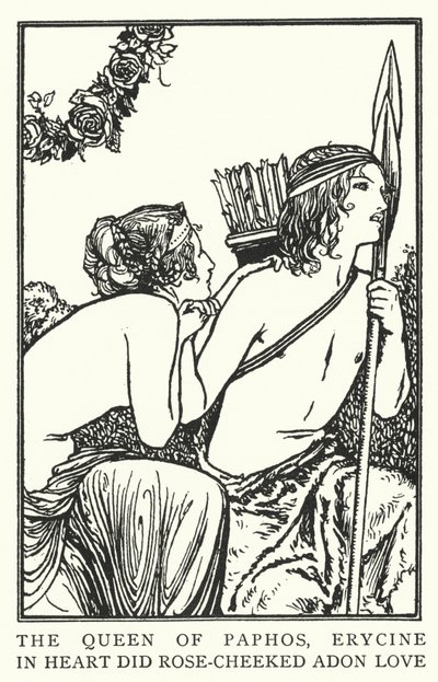Dronningen af Paphos, Erycine, i hjertet elskede rosekindet Adon (litho) af Robert Anning Bell