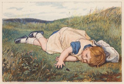 Pige fascineret af en bille (farvelitografi) af Robert Barnes