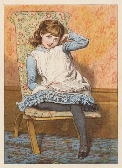 Pige, der læser og dagdrømmer (farvelitografi) af Robert Barnes