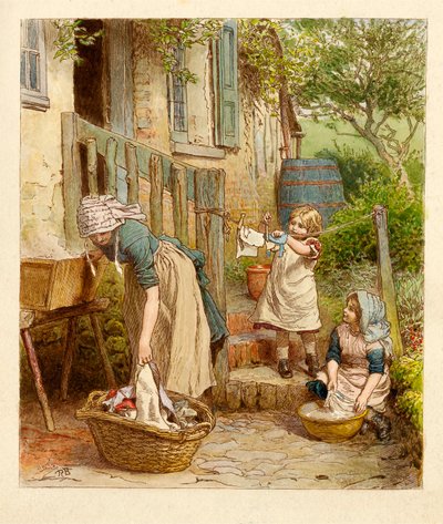 Mor og børn hænger ud i vasken, pub. 1854. af Robert Barnes
