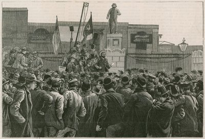 Den store strejke af havnearbejdere i East End: John Burns taler til mændene, der strejker ved portene til de østlige og vestindiske havne. af Robert Barnes