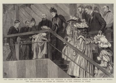 Åbningen af den nye fløj af hospitalet for børn i Great Ormond Street af prinsen af Wales, præsentation af punge fra børn til prinsessen af Wales af Robert Barnes