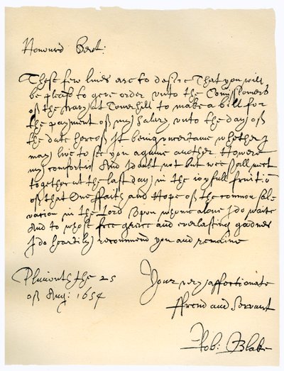 Brev fra admiral Robert Blake til kommissærerne for admiralitetet, 25. august 1654. af Robert Blake