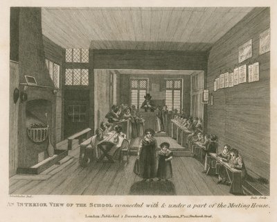 Et indvendigt billede af skolen forbundet med og under en del af det, der tidligere var John Bunyans forsamlingshus af Robert Blemell Schnebbelie