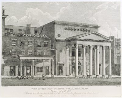 Udsigt over New Theatre Royal, Haymarket, åbnet 4. juli 1821, viser også den relative situation af det gamle teater før dets nedrivning, indgraveret af Dale, 1822 af Robert Blemell Schnebbelie