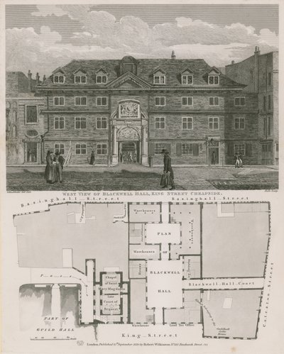 Vestudsigt over Blackwell Hall, King Street, Cheapside af Robert Blemell Schnebbelie