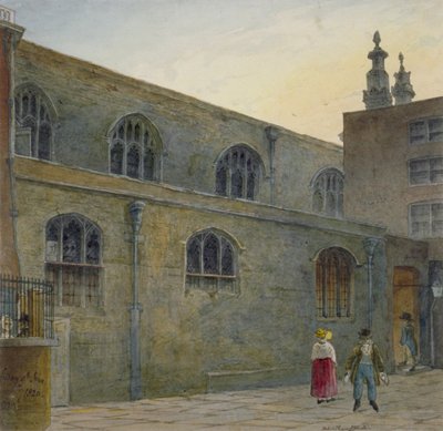 Nordsiden af Guildhall Chapel viser indgangen til Cutthroat Alley, City of London, 1820 af Robert Blemmell Schnebbelie