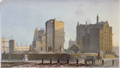 Ødelagt bygning, Commercial Road, Stepney, London, 1820 af Robert Blemmell Schnebbelie