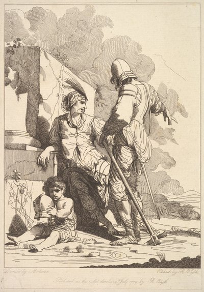 To soldater og barn holder en hjelm, 19. juli 1779. af Robert Blyth