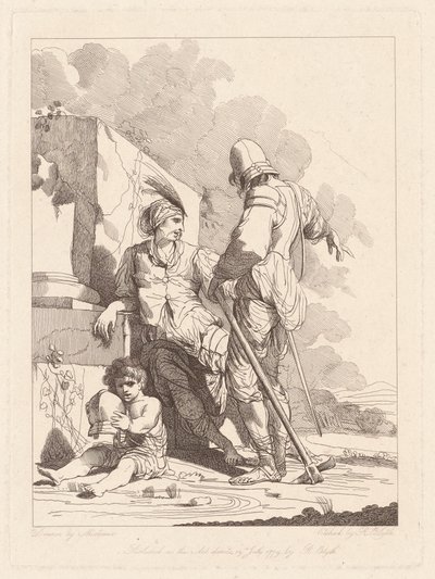 To soldater og et barn holder en hjelm af Robert Blyth, after John Hamilton Mortimer