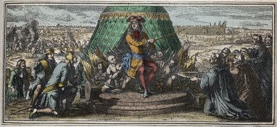Opførelsen af Les Invalides i 1670 - Allegori om grundlaget for Hotel des Invalides - Ludvig XIV, der viser sine gamle lemlæstede soldater Hotel des Invalides under opførelse, gravering af Robert Bonnart (1652-1729) af Robert Bonnard
