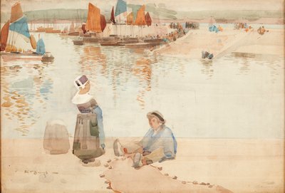 Figurer på havnemuren, Bretagne (akvarel) af Robert Brough