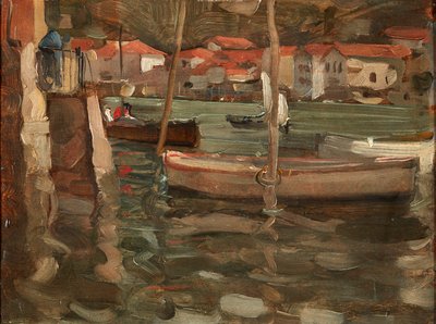Robåde ved en havnekaj, Concarneau (olie på panel) af Robert Brough
