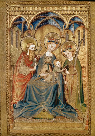 Sankt Maria med barnet mellem Sankt Katarina og Sankt Johannes Døberen, detalje (Broderi på linned, guld- og sølvtråd, silke, fløjl, perler og glas) af Robert Campin
