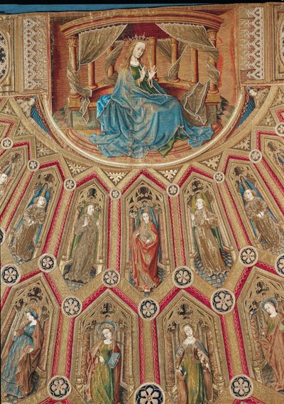 Sankt Maria, engle og kvindelige helgener, detalje (Silkebroderi med guld- og sølvtråd, perler og glas) af Robert Campin
